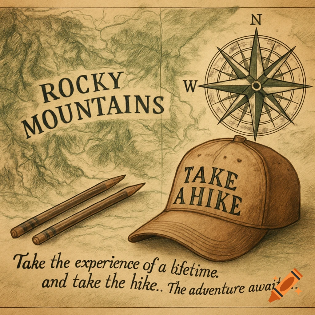 Vintage-style illustration of a map showing mountains, a compass, two pencils, and a baseball cap with "TAKE A HIKE". Additional text reads "ROCKY MOUNTAINS" and "Take the experience of a lifetime. and take the hike.. The adventure awaits..."