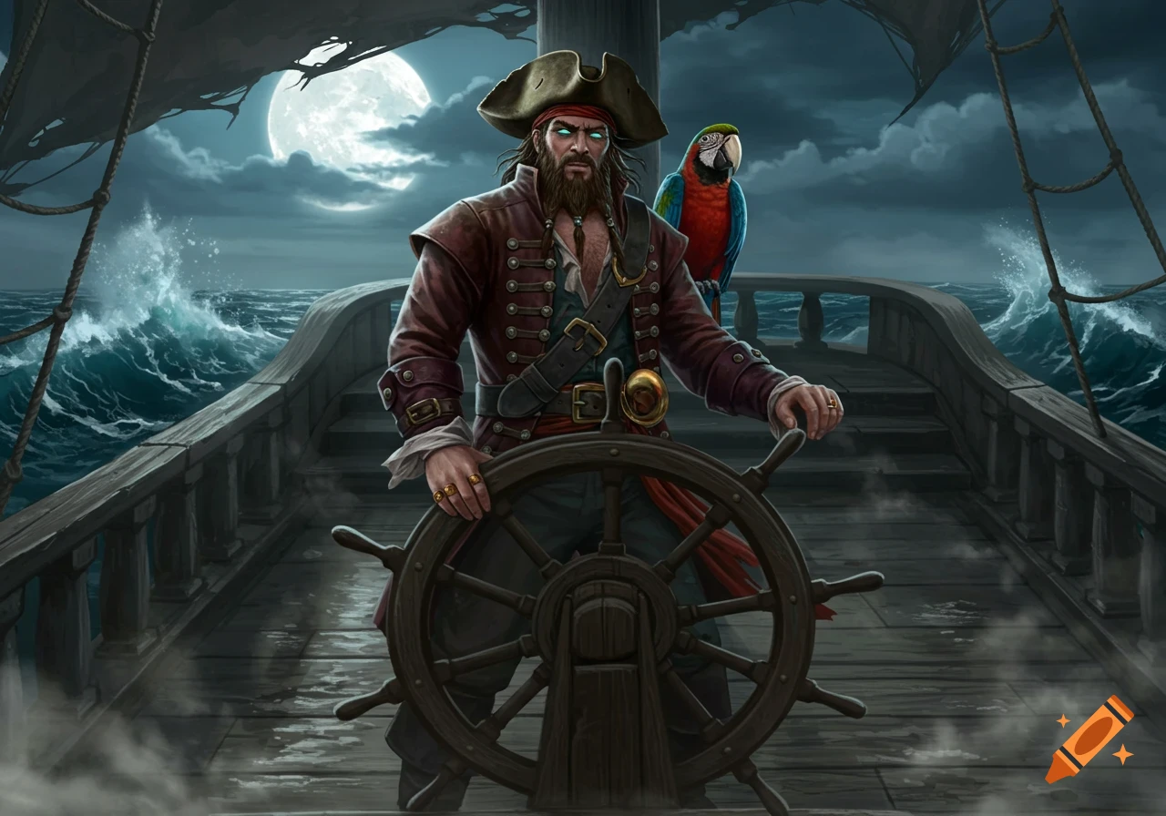A bearded pirate with a parrot on his shoulder steers a ship at night under a full moon, with turbulent seas.