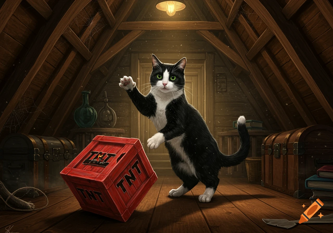 A black and white cat standing next to a red TNT box in a dusty attic with wooden beams.