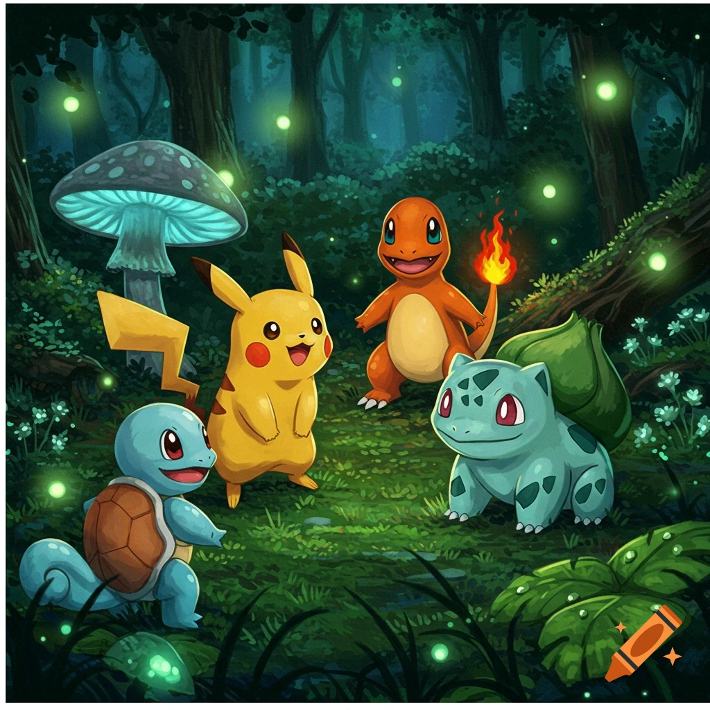 Pikachu, Charmander, Squirtle, and Bulbasaur stand in a magical forest with glowing mushrooms and fireflies, cartoon style.
