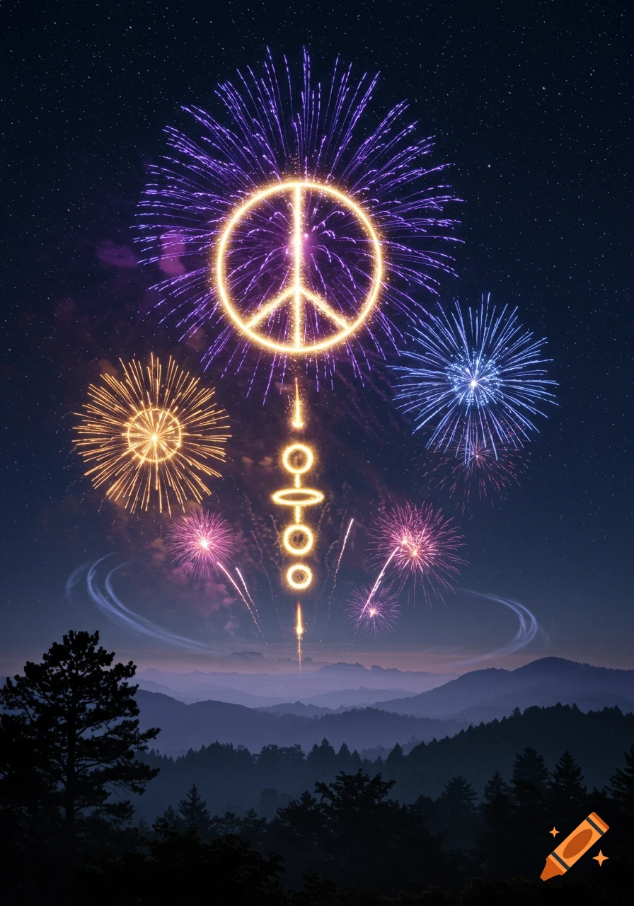 A large glowing peace sign and colorful fireworks illuminate a dark, starry night sky above misty mountains.