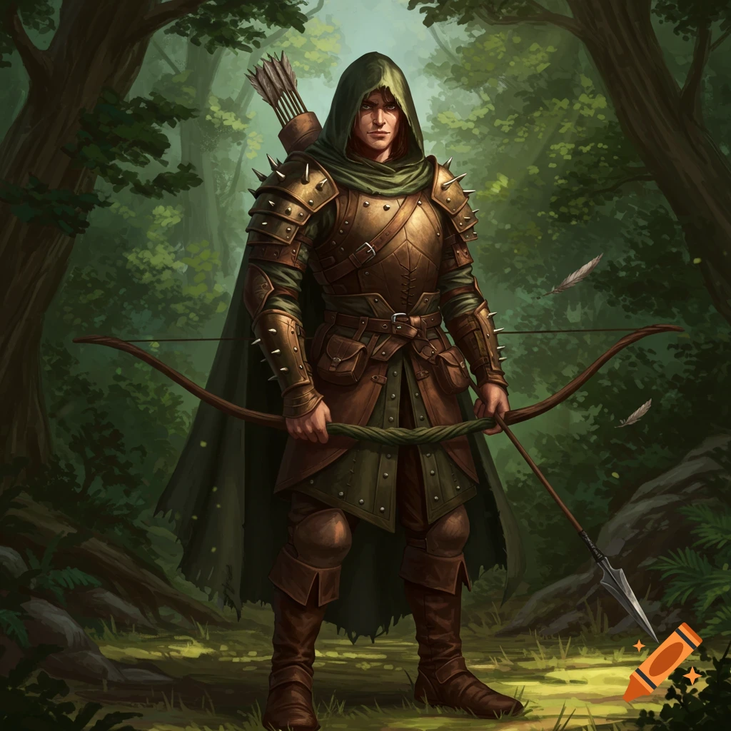 A male fantasy ranger in studded leather armor and a green hooded cloak holds a longbow and spear in a lush forest.