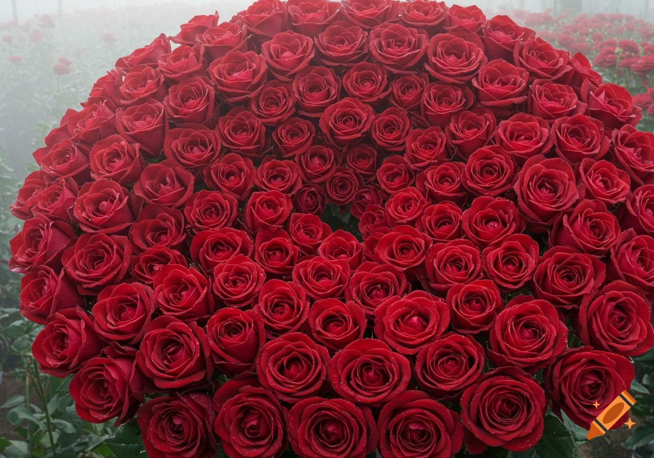A close-up, photorealistic view of a vast, dense arrangement of vibrant red roses, some with water droplets, against a misty background.