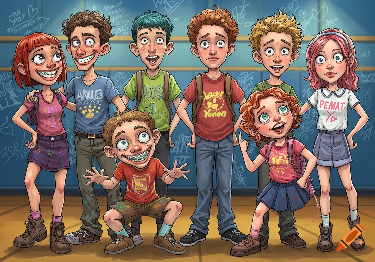 A colorful cartoon illustration of seven diverse children and teenagers posing for a funny high school yearbook photo, with exaggerated expressions.