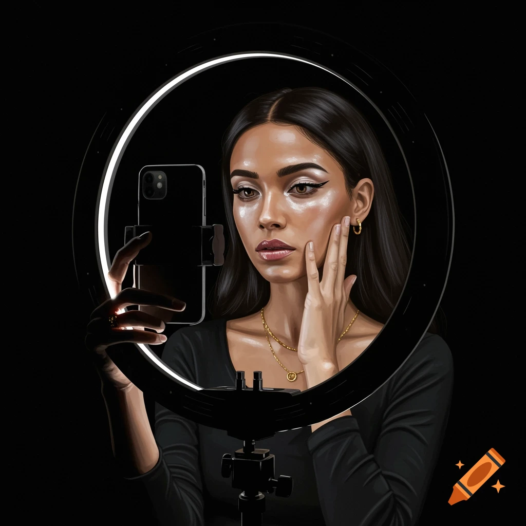 A woman with make-up holding a phone in front of a glowing ring light on a black background, capturing a video.
