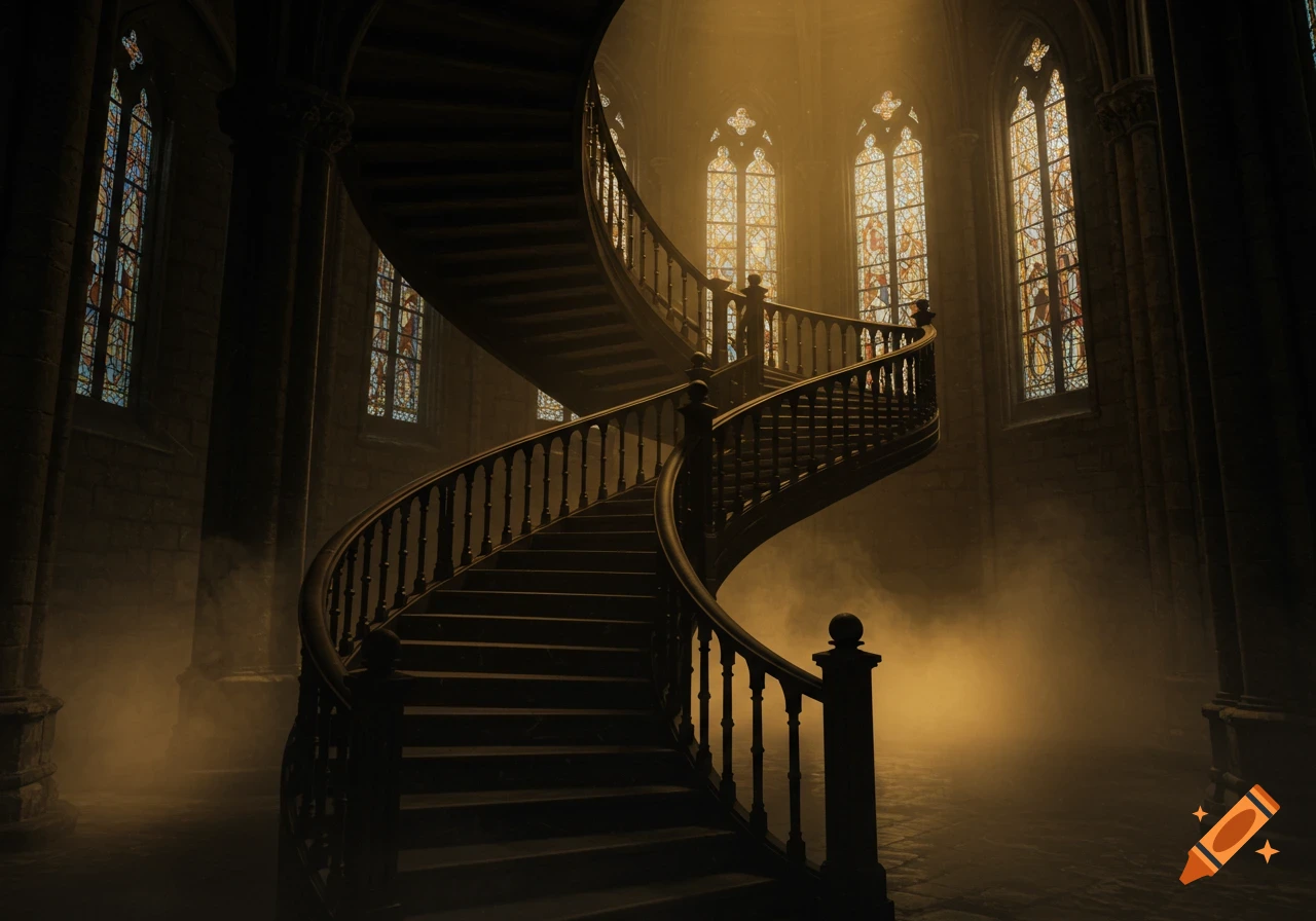 A grand, dark gothic hall with a winding spiral staircase, illuminated by golden light filtering through tall stained glass windows.