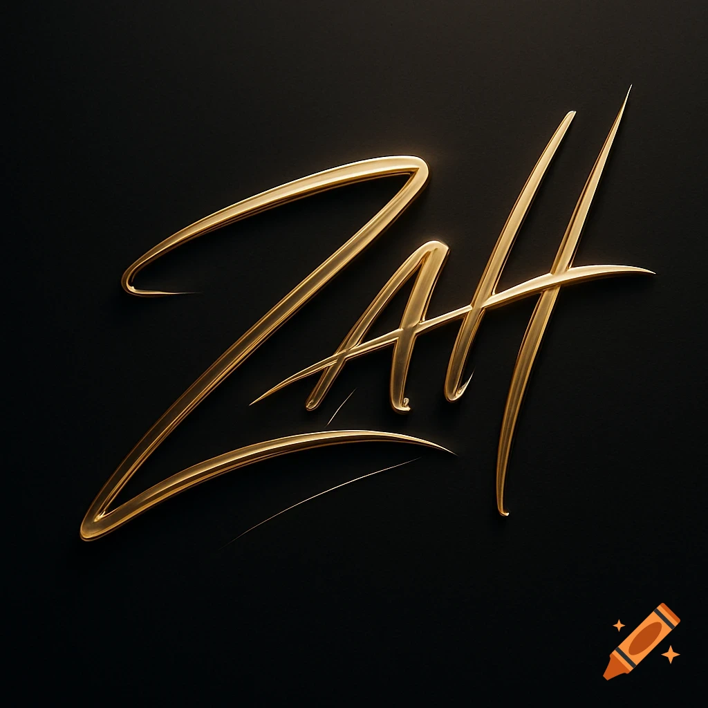 Stylized golden signature of the letters ZAH on a black background.