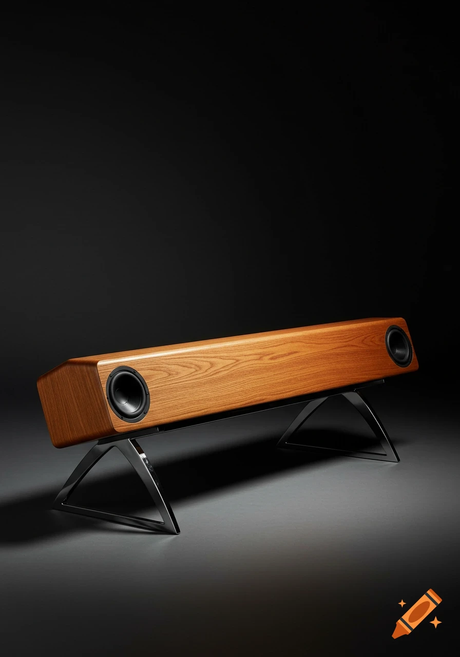 A sleek wooden soundbar with black speakers and futuristic chrome legs, set against a dark background in a photorealistic style.