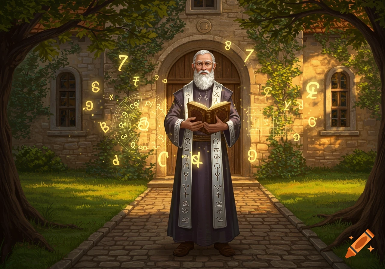 An old, bearded numerology teacher in a dark robe stands holding a book, surrounded by glowing numbers and symbols in front of a stone building.
