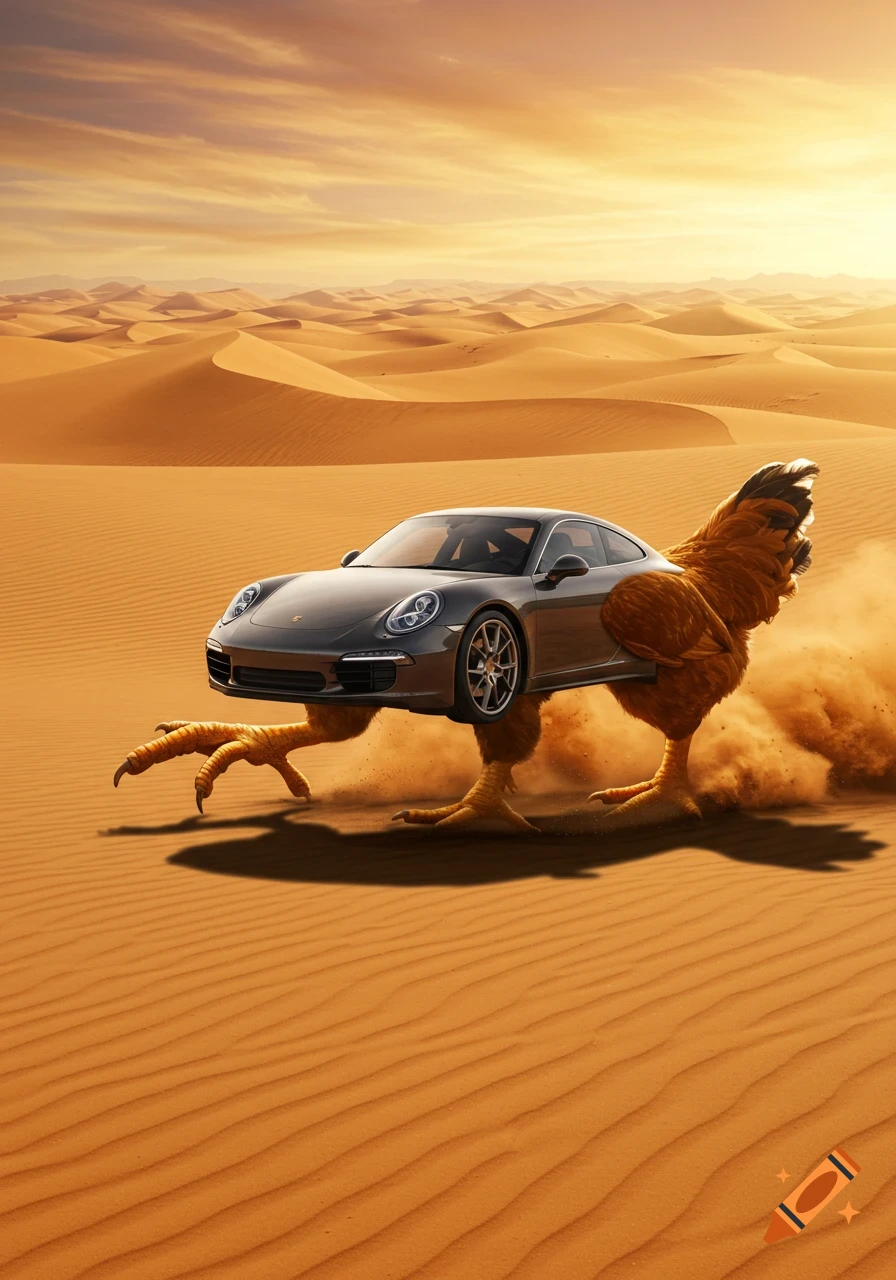 A grey Porsche car with large chicken legs runs across desert sand dunes under a golden sky, photorealistic surreal art.