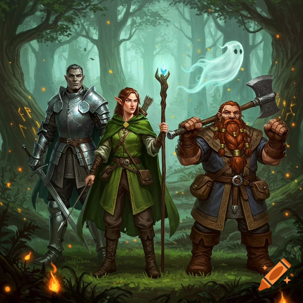 A fantasy party: a knight, an elf, and a dwarf with an axe, stand in a magical forest with a glowing ghost.