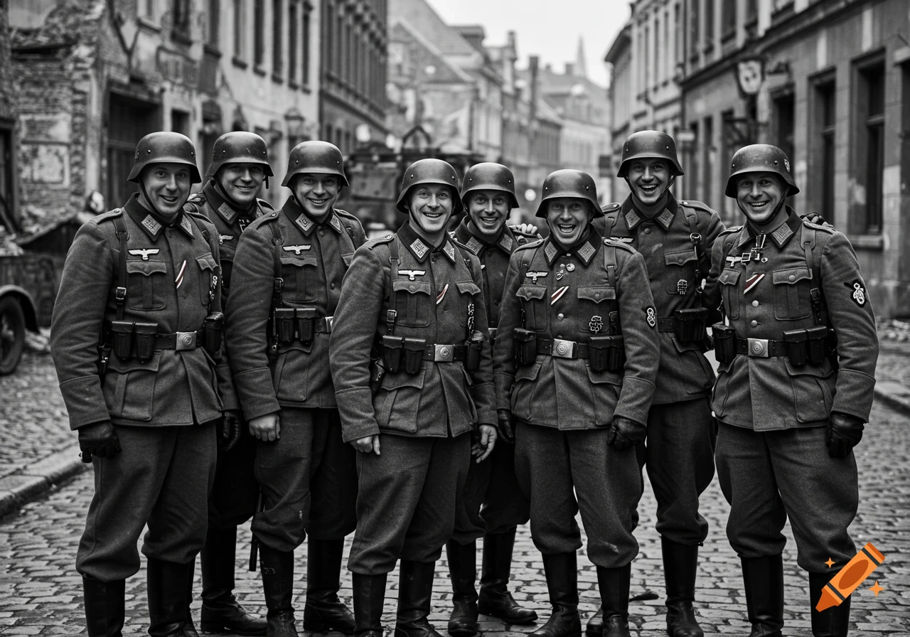 Black and white image of a group of smiling World War II German soldiers in uniform and helmets, posing on a cobblestone street with exaggerated expressions.