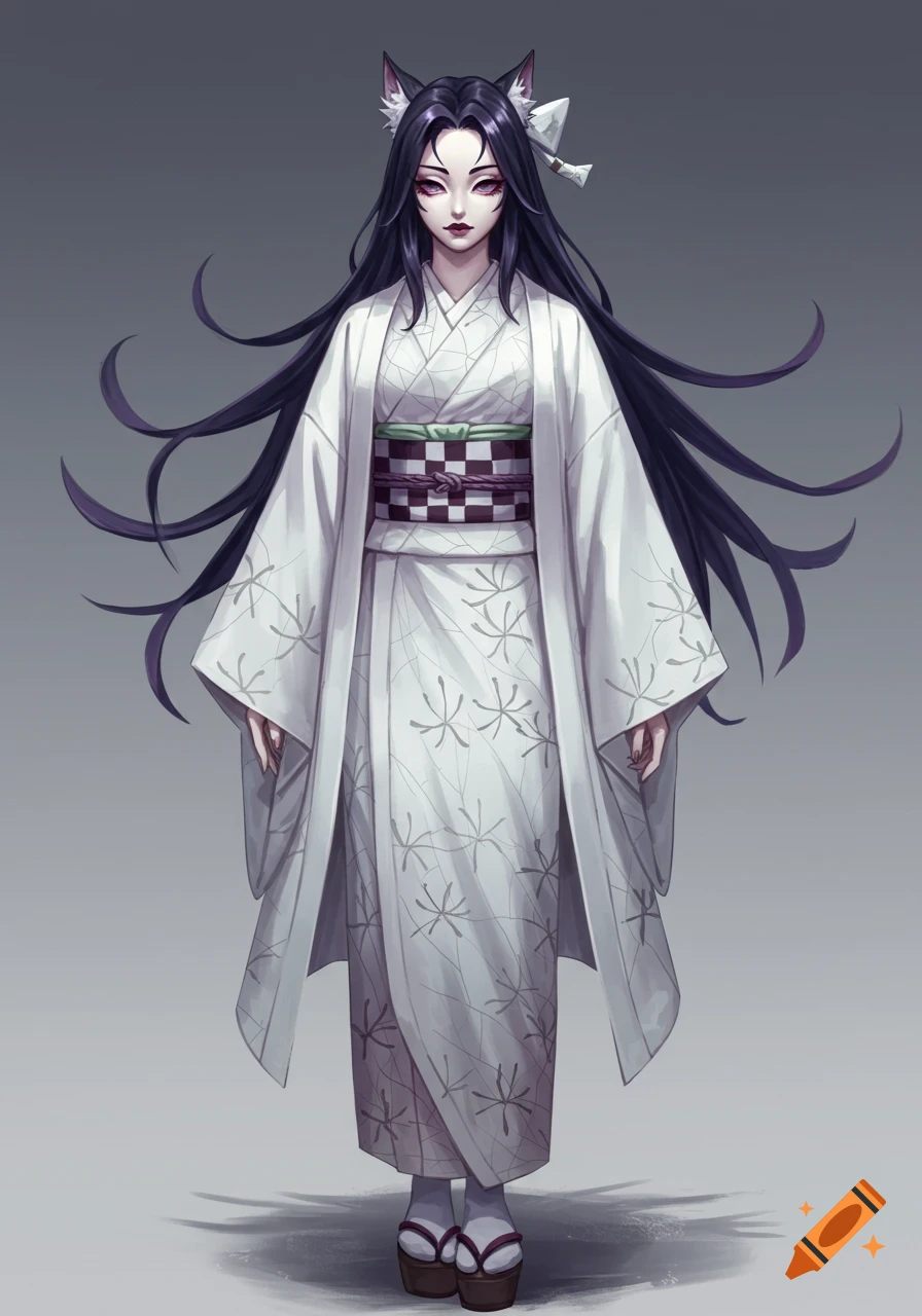 A pale female anime character with long dark hair and cat ears, wearing a white kimono with a checkered obi and floral patterns.