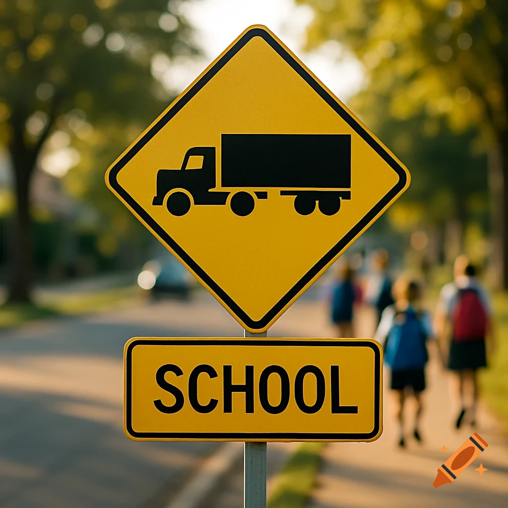 A yellow diamond street sign with a black truck symbol above a yellow rectangular sign that says "SCHOOL" on a blurred street with trees and children.
