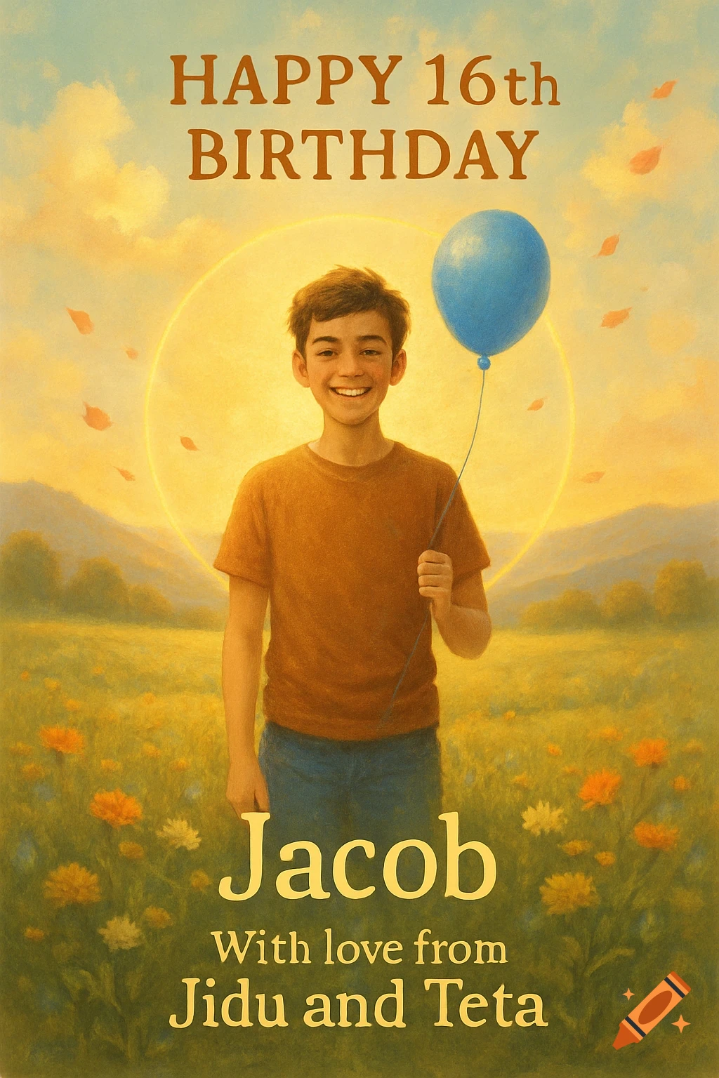 A boy with a blue balloon stands in a sunny field of flowers, with "Happy 16th Birthday Jacob With love from Jidu and Teta" text.
