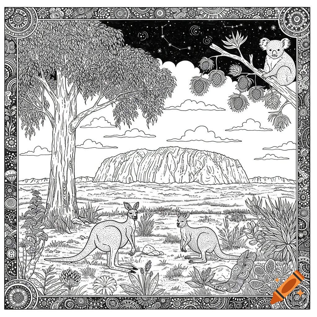 Black and white coloring page featuring kangaroos, a koala, Uluru, and a tree in an Australian landscape, with an ornate border.