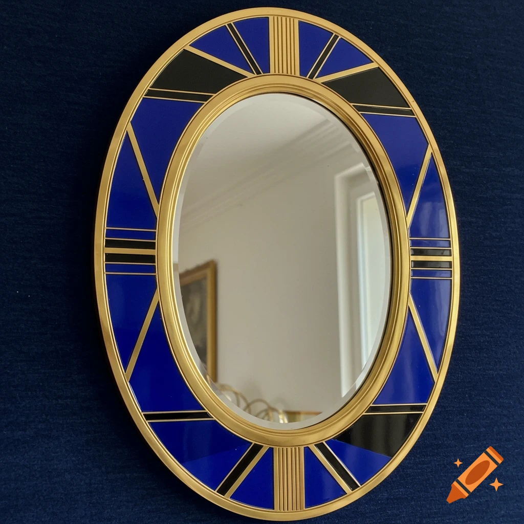 Art Deco oval brass mirror with blue and black geometric details hanging on a dark blue wall.