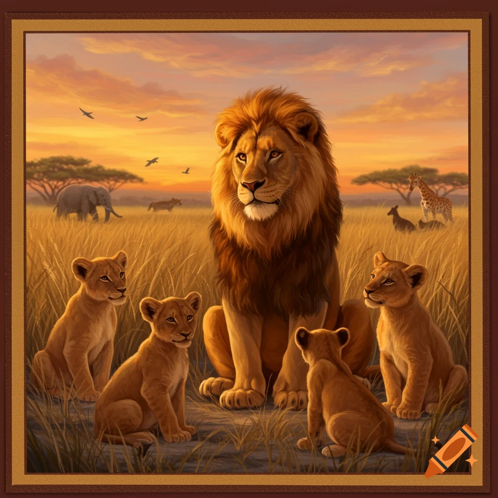 A male lion sits with four cubs in a savanna at sunset, with an elephant and giraffe in the background, digital painting.