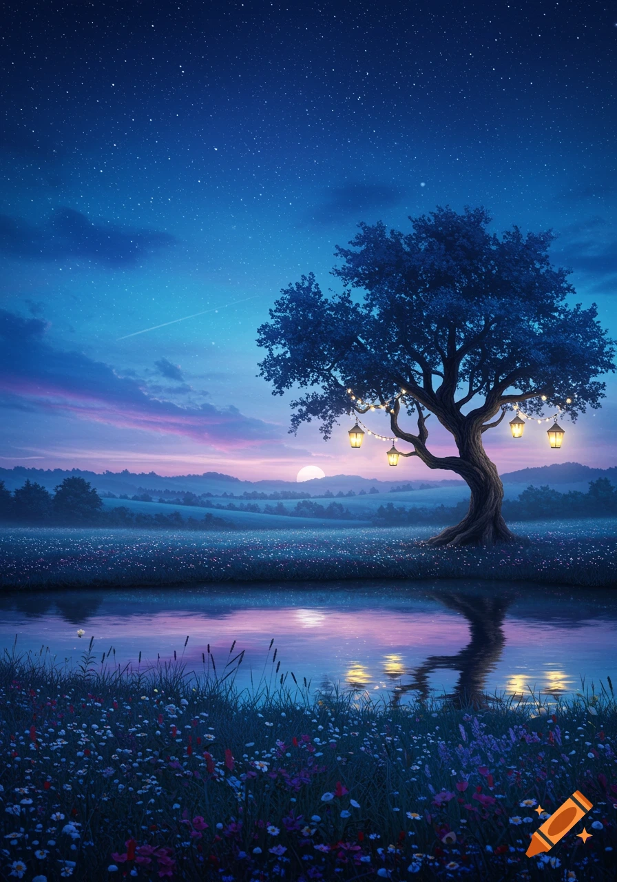A magical night landscape featuring a large tree with glowing lanterns by a reflective lake under a starry, twilight sky. Wildflowers fill the foreground.