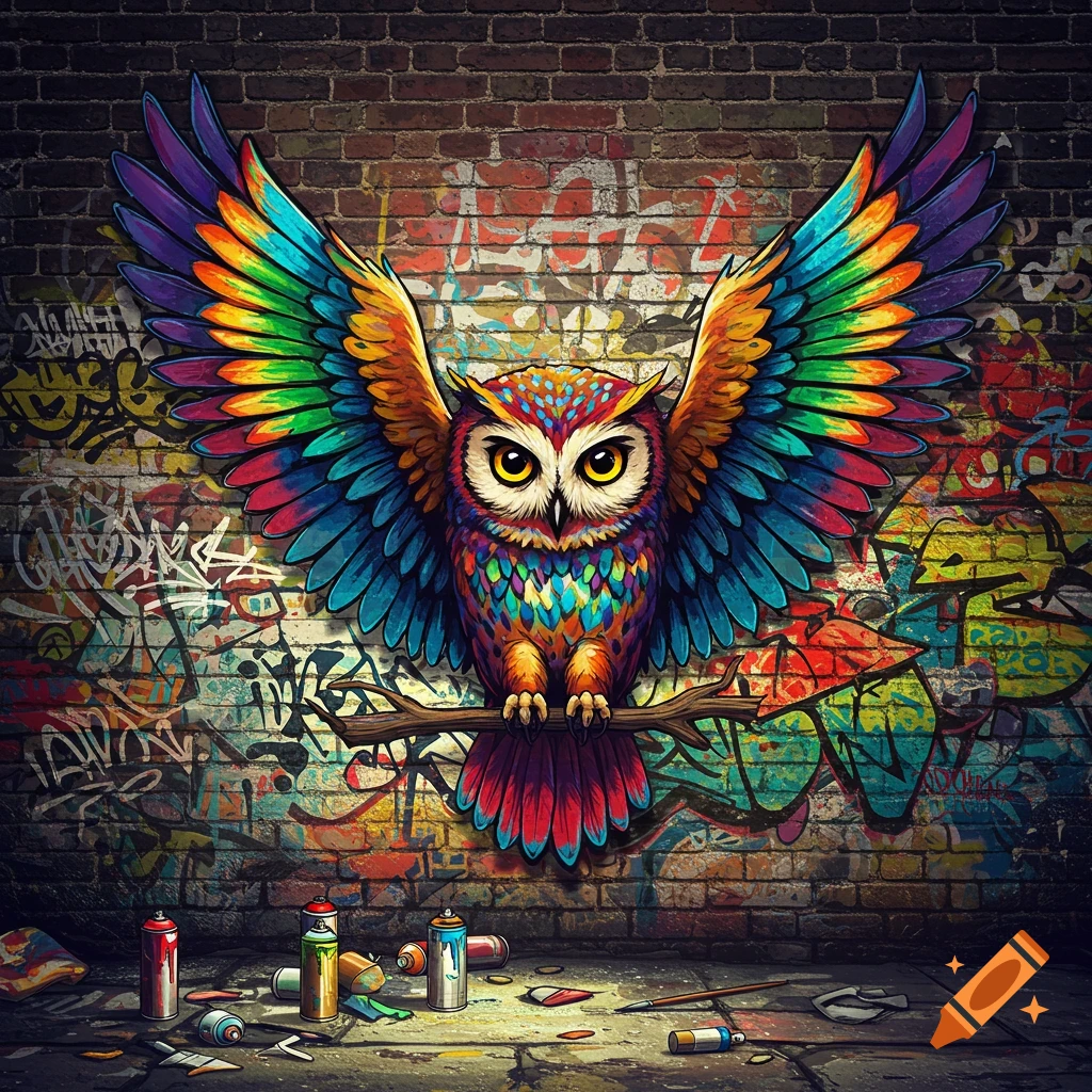 A vibrant, colorful owl with wide-spread wings perches on a branch against a graffiti-covered brick wall, with spray paint cans on the ground.