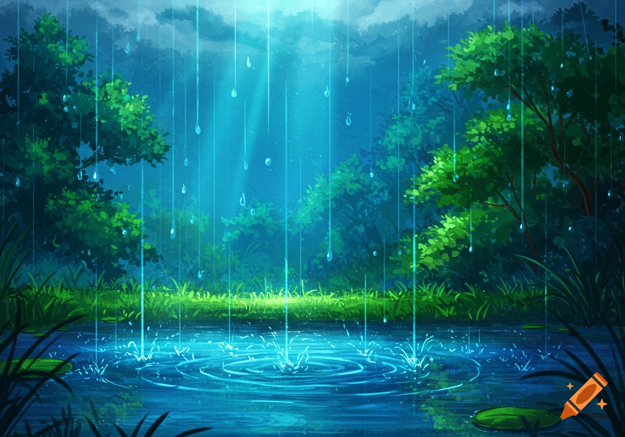 A vibrant illustrated scene of rain falling into a calm forest pond, with lush green trees and glowing blue light.