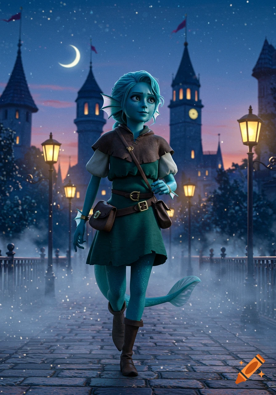 A blue fantasy creature with fins and tail walks on a stone bridge at night, with castles and streetlights under a crescent moon.