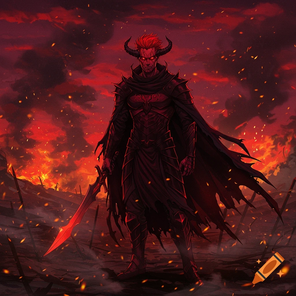 A red-skinned, horned demon in dark armor stands holding a glowing red sword amidst a fiery, destroyed landscape. Anime style.