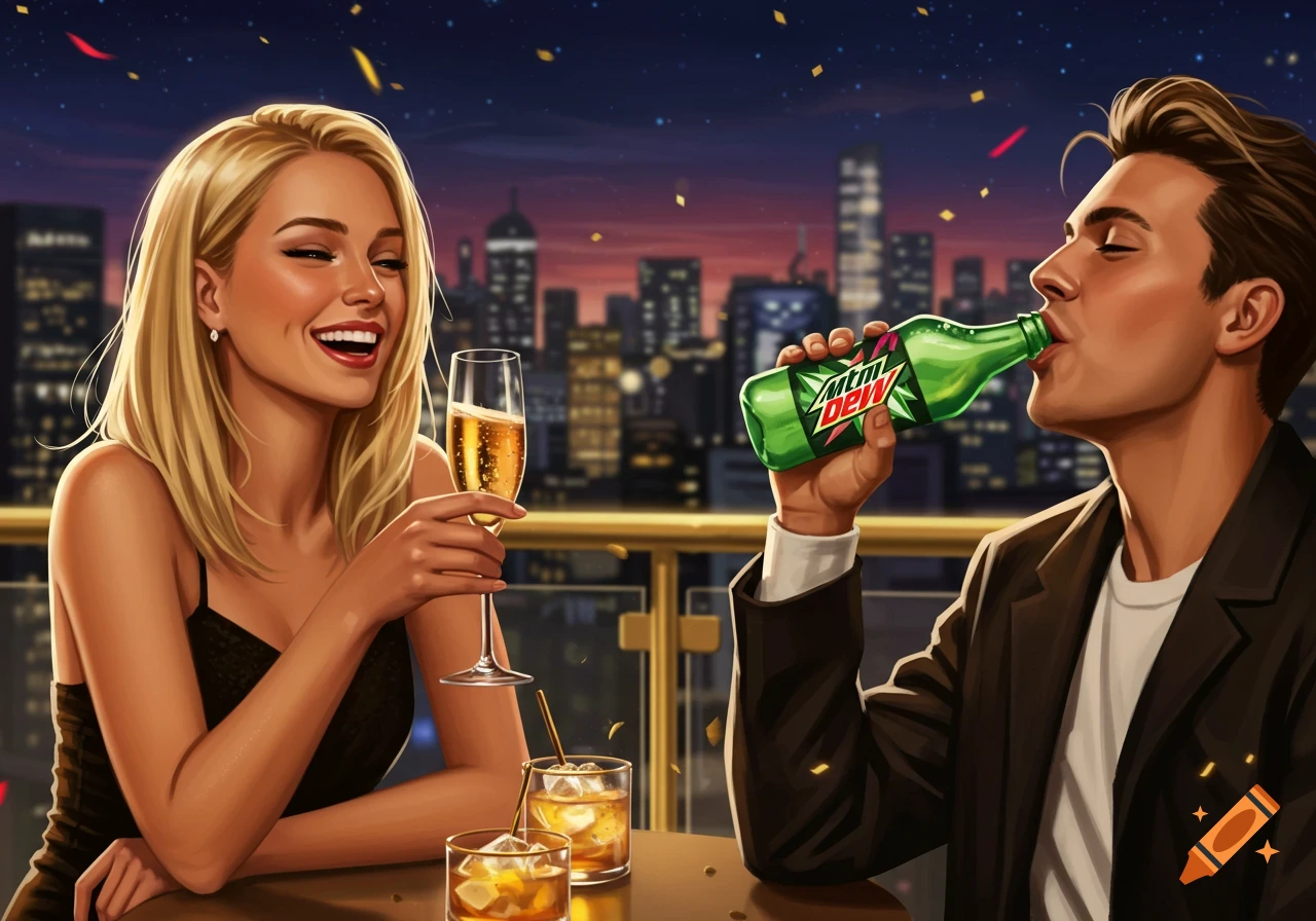 A blonde woman sips champagne while a man drinks Mountain Dew on a rooftop overlooking a city at night in an illustrative style.