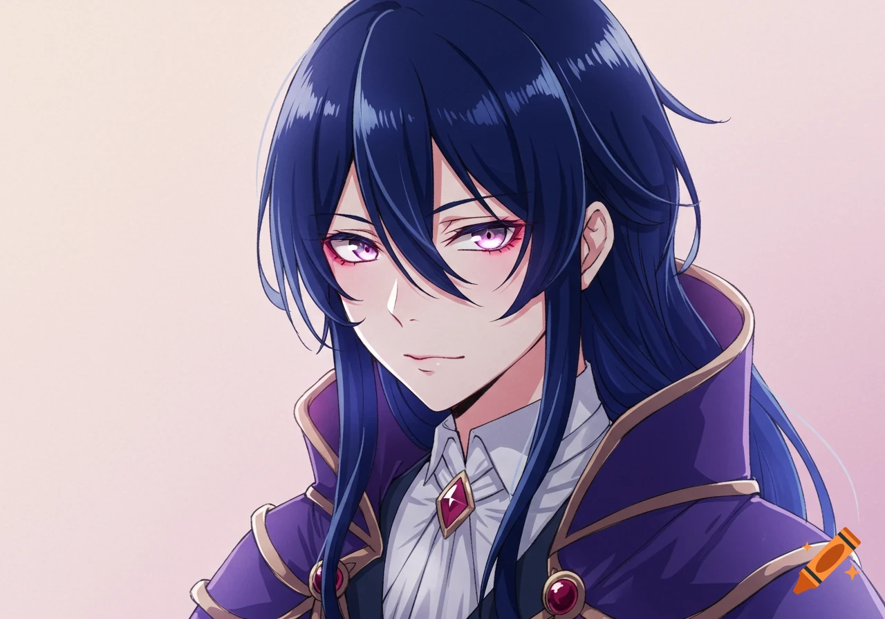 An anime-style young man with navy blue hair and glowing purple eyes, wearing a purple magician's robe.