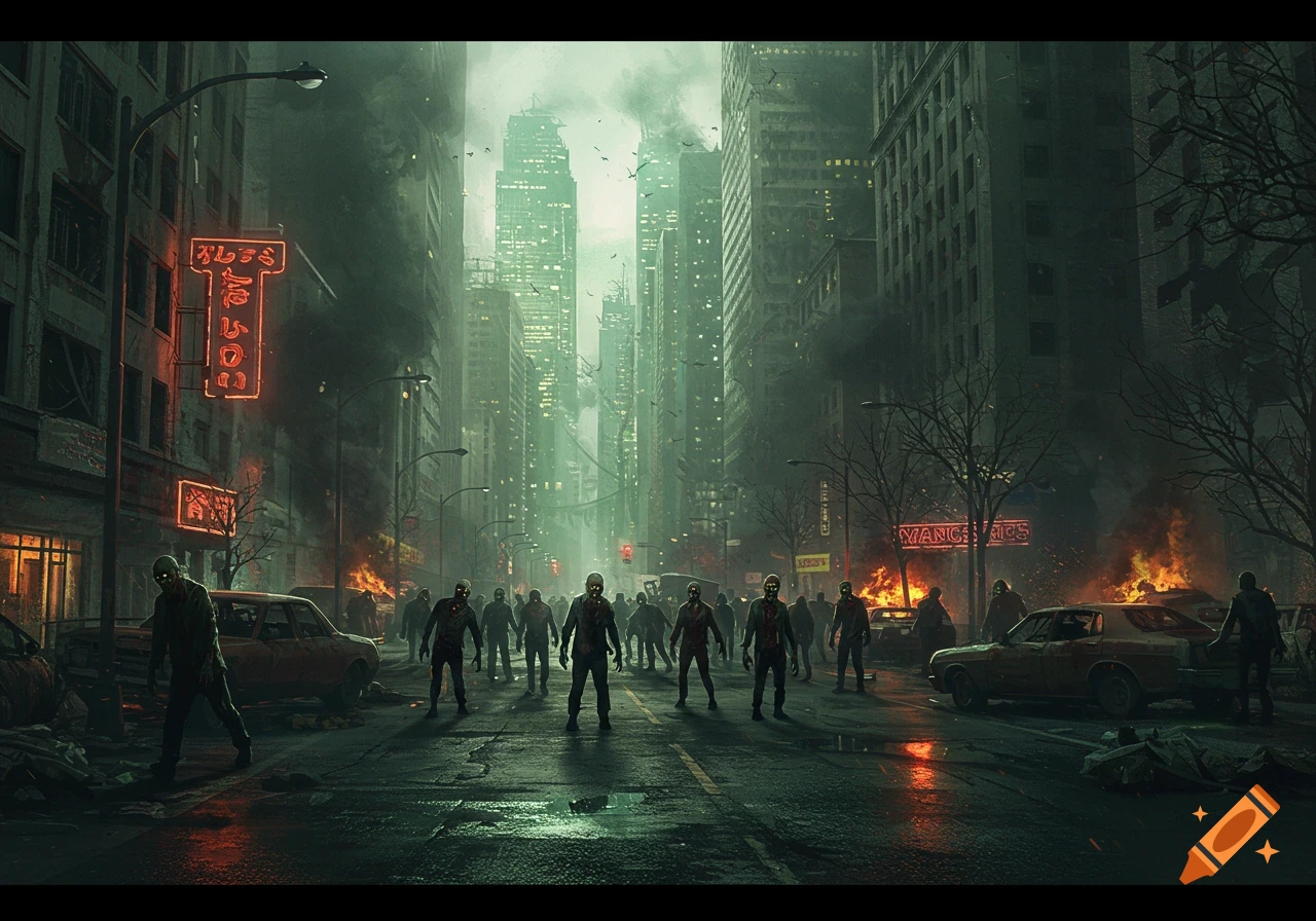A dark, smoky city street during a zombie apocalypse, with destroyed cars, fires, and a horde of zombies walking towards the viewer.