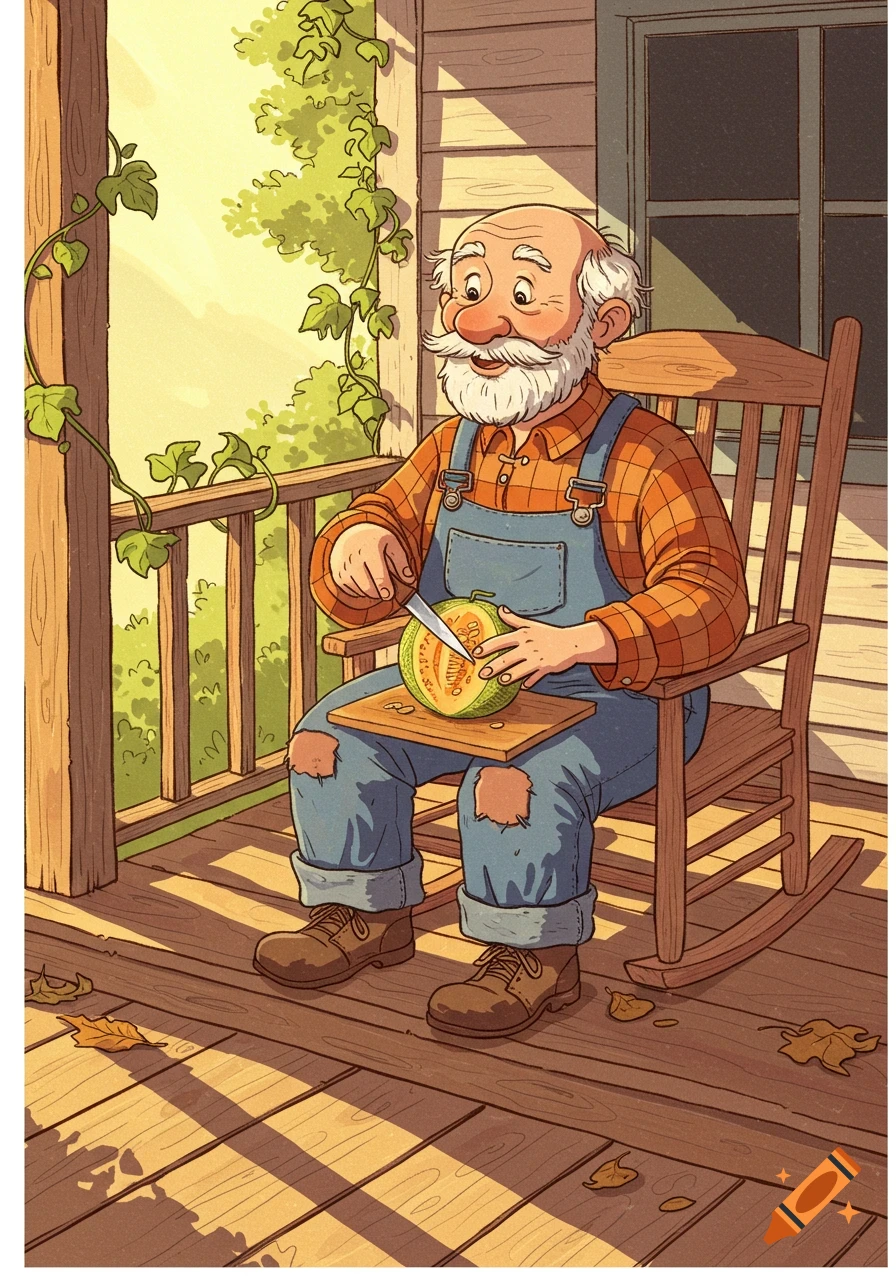 Cartoon illustration of an old man with a white beard sitting on a wooden porch, cutting a cantaloupe.