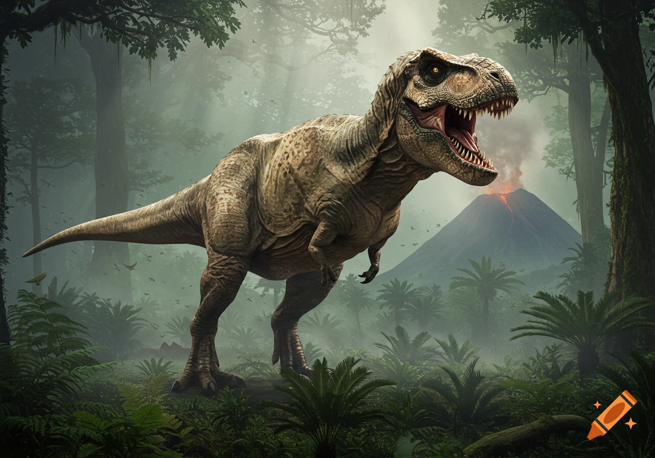 A photorealistic Tyrannosaurus Rex roars in a lush prehistoric jungle with an erupting volcano in the background.