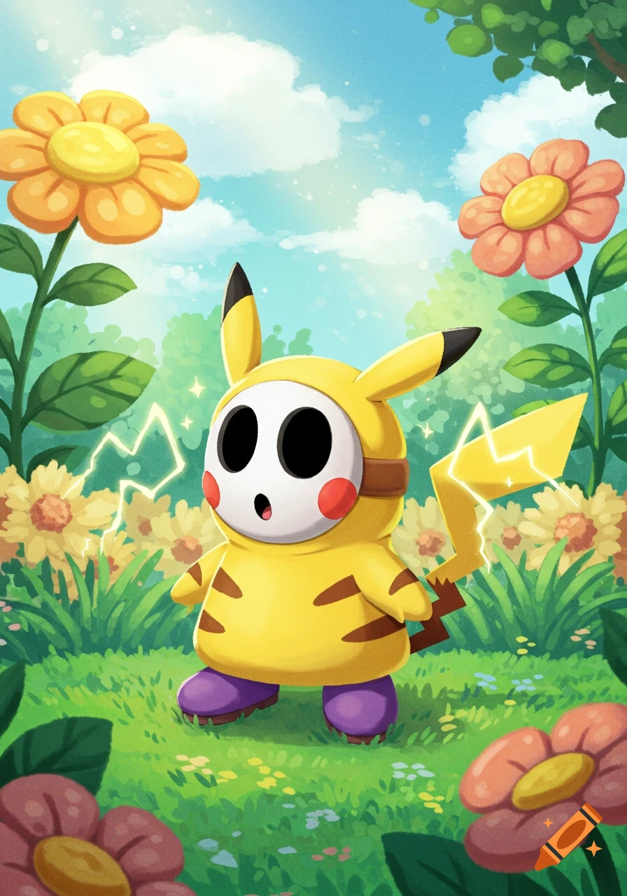 A cartoon Shy Guy character wearing a yellow Pikachu costume stands in a sunny field with flowers and trees, with lightning effects around him.