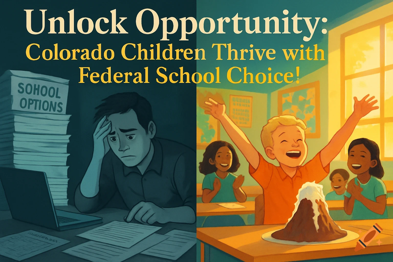 A split image. Left: A frustrated man sits at a desk with papers. Right: Happy children in a bright classroom with a boy raising his arms.