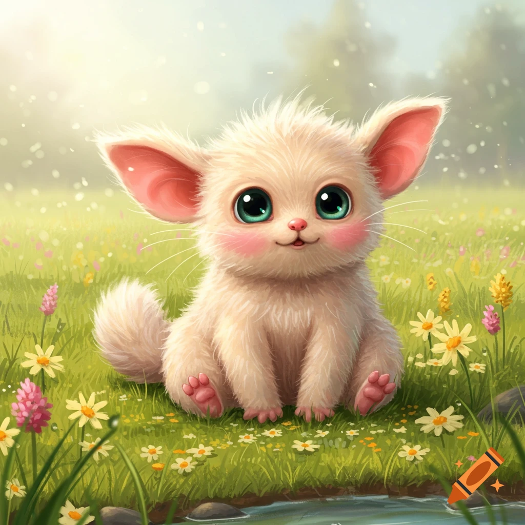 A cute, fluffy, light-colored fantasy creature with large green eyes and big pink ears sitting in a grassy field with small flowers and a stream.