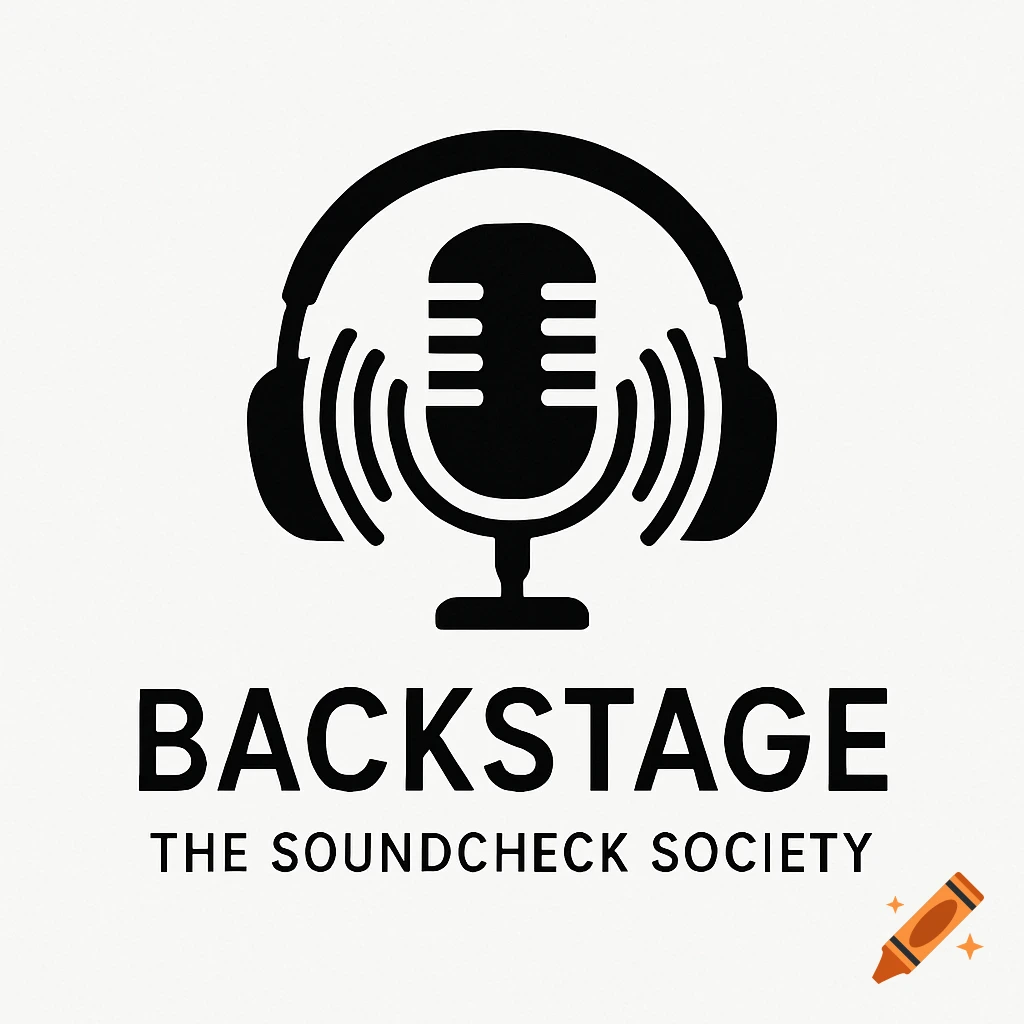 A monochrome logo featuring a microphone and headphones above the text 'BACKSTAGE THE SOUNDCHECK SOCIETY'.