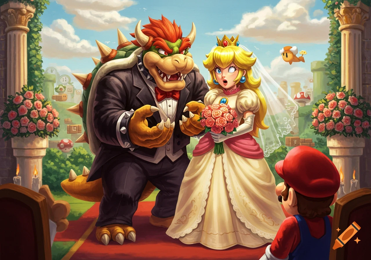 Bowser and Princess Peach in wedding attire at an altar, with Mario watching from the foreground.