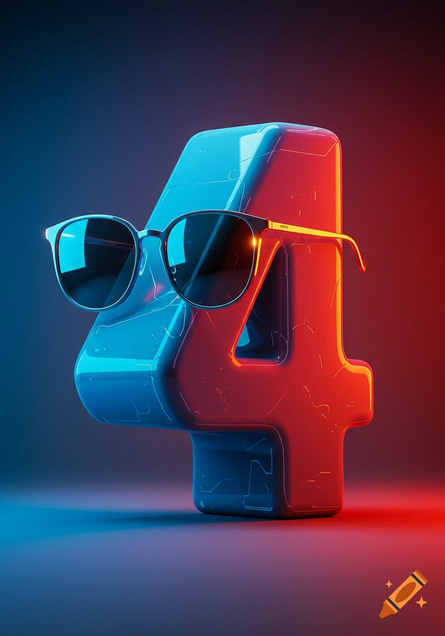 A shiny, stylized number 4 wearing sunglasses, illuminated by red and blue neon light against a dark background.