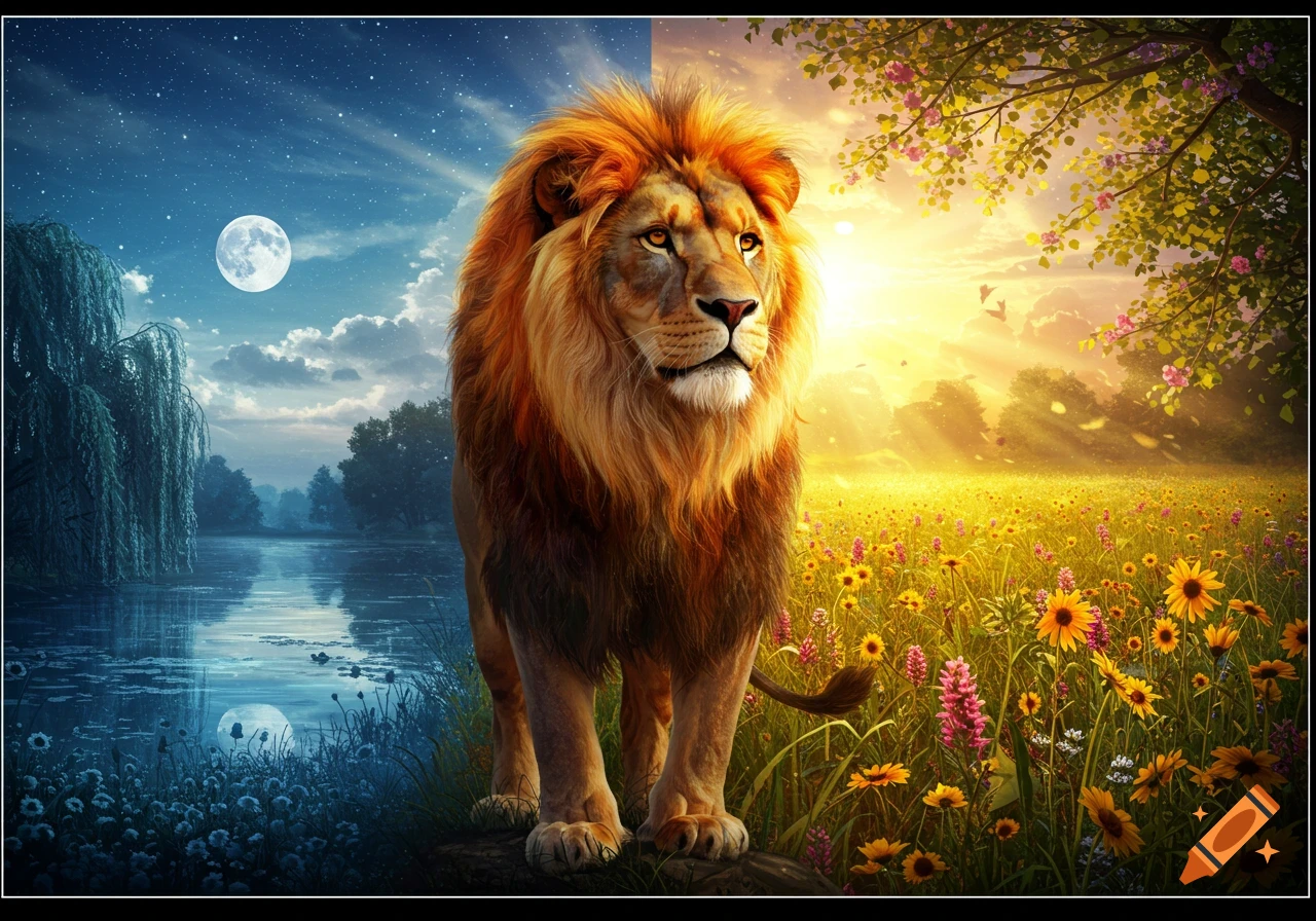 A majestic lion stands on a split landscape, with night, a full moon, and a lake on the left, and a vibrant field of sunflowers under a bright sun on the right.
