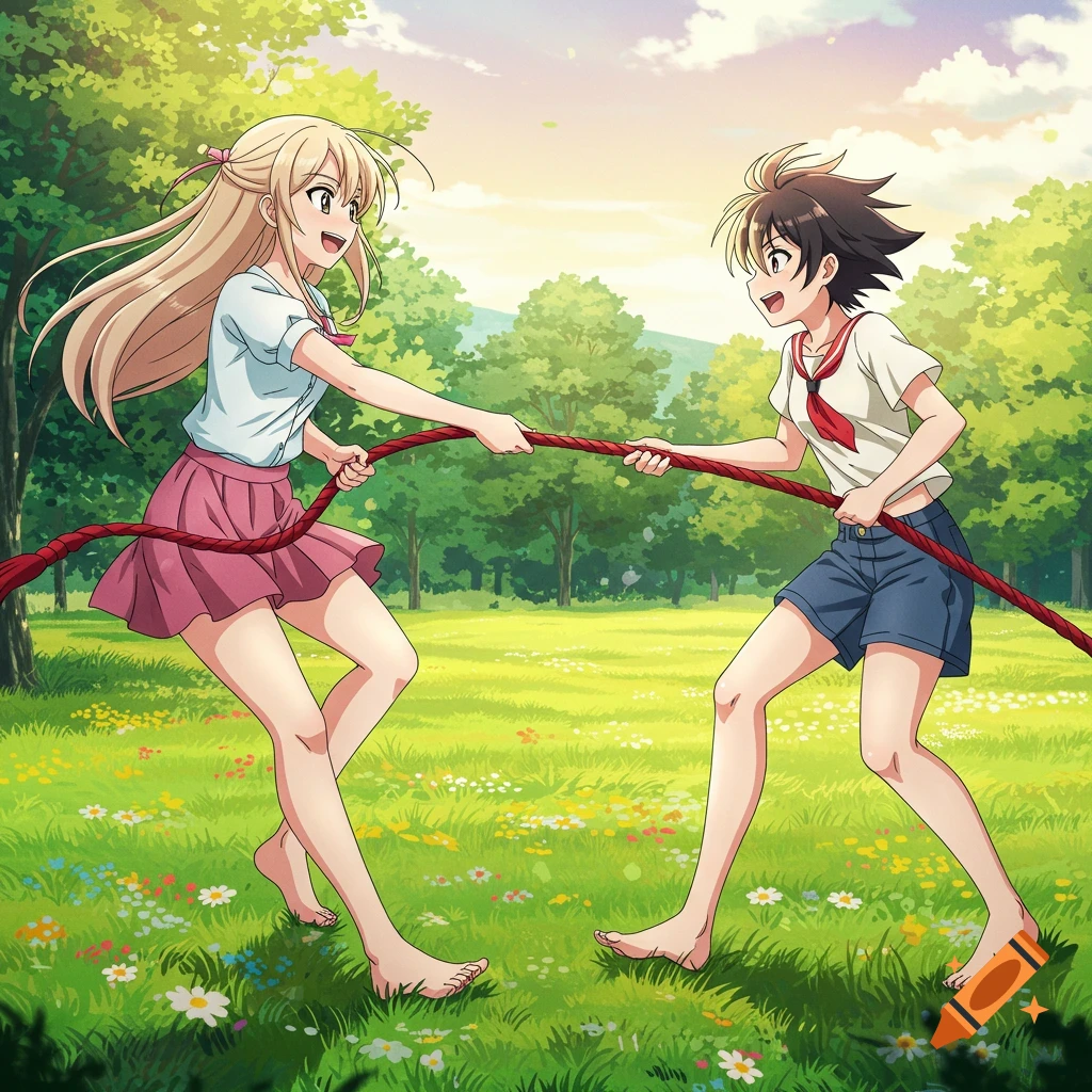 Two anime-style girls playing tug of war barefoot in a sunny grassy park.