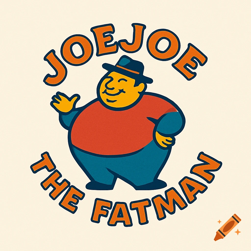 A retro cartoon logo of a chubby man in a fedora, waving, with the text "JOEJOE THE FATMAN" in a circular design.