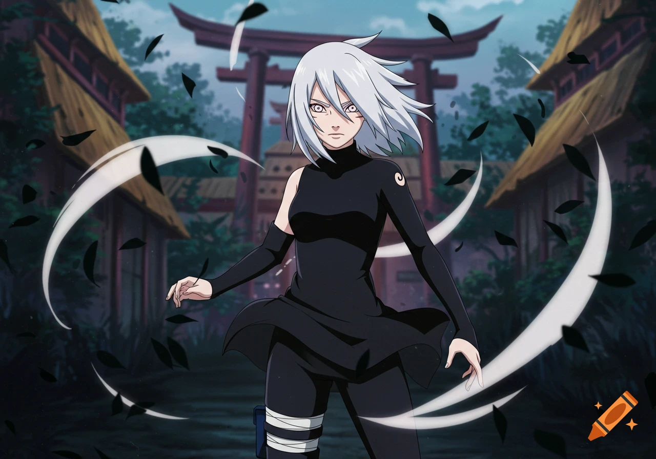 A white-haired anime girl with Byakugan eyes and a black outfit stands in a traditional Japanese village with a torii gate, surrounded by swirling leaves and energy.