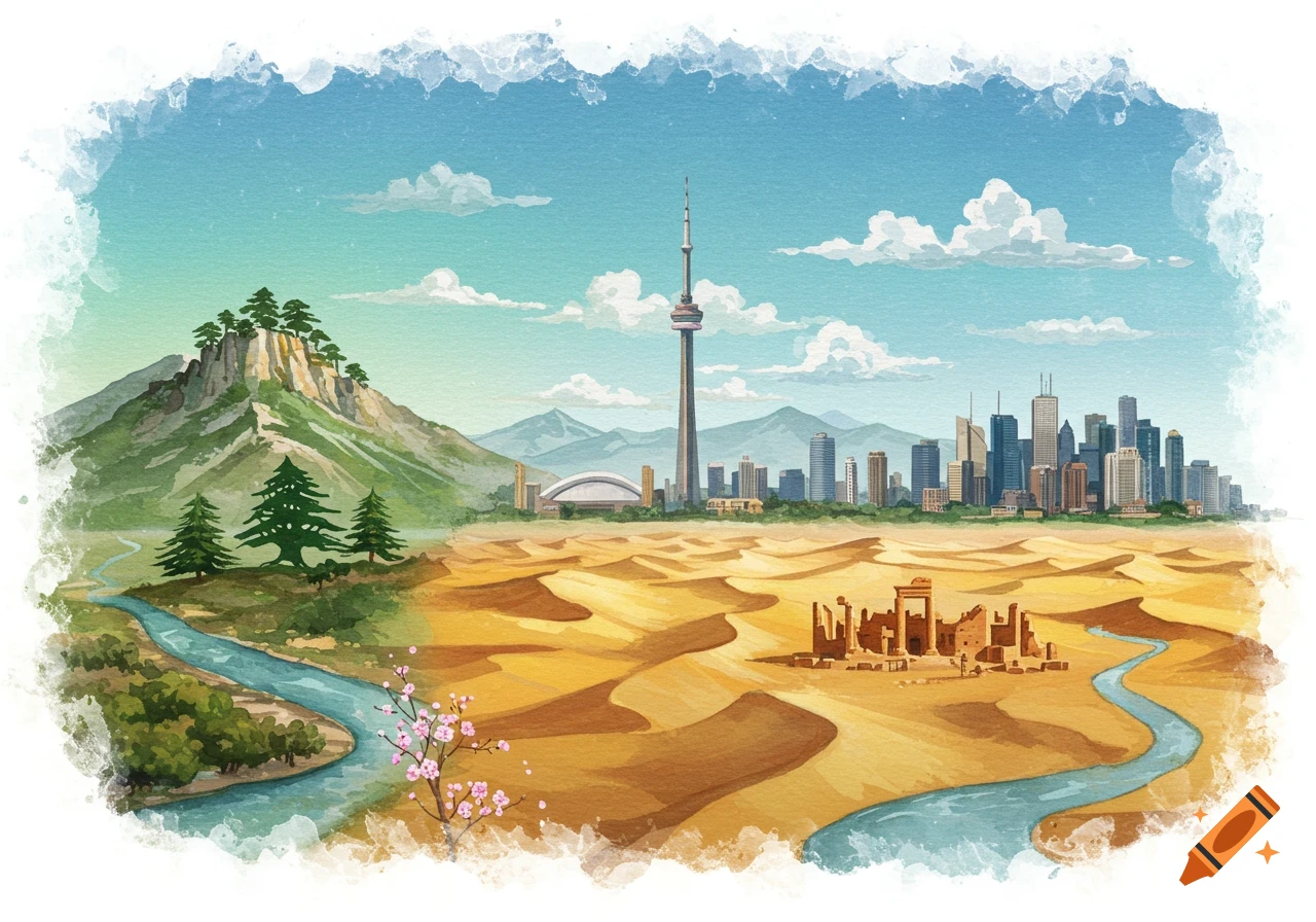 A watercolor landscape depicting a green mountainous region with a river flowing into a desert with ancient ruins, leading to a modern city skyline with a tall tower, all under a blue sky.