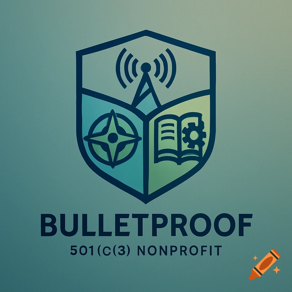 A shield logo for Bulletproof 501(c)(3) nonprofit featuring symbols for radio, compass, and an open book with a gear.