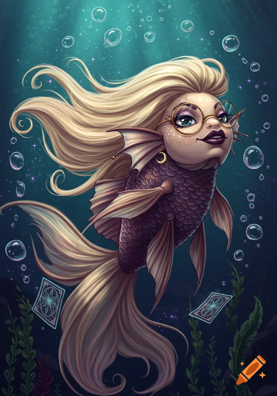 A cartoon fish character with long blonde hair, glasses, and purple lips swims underwater, with bubbles and two floating tarot-like cards.