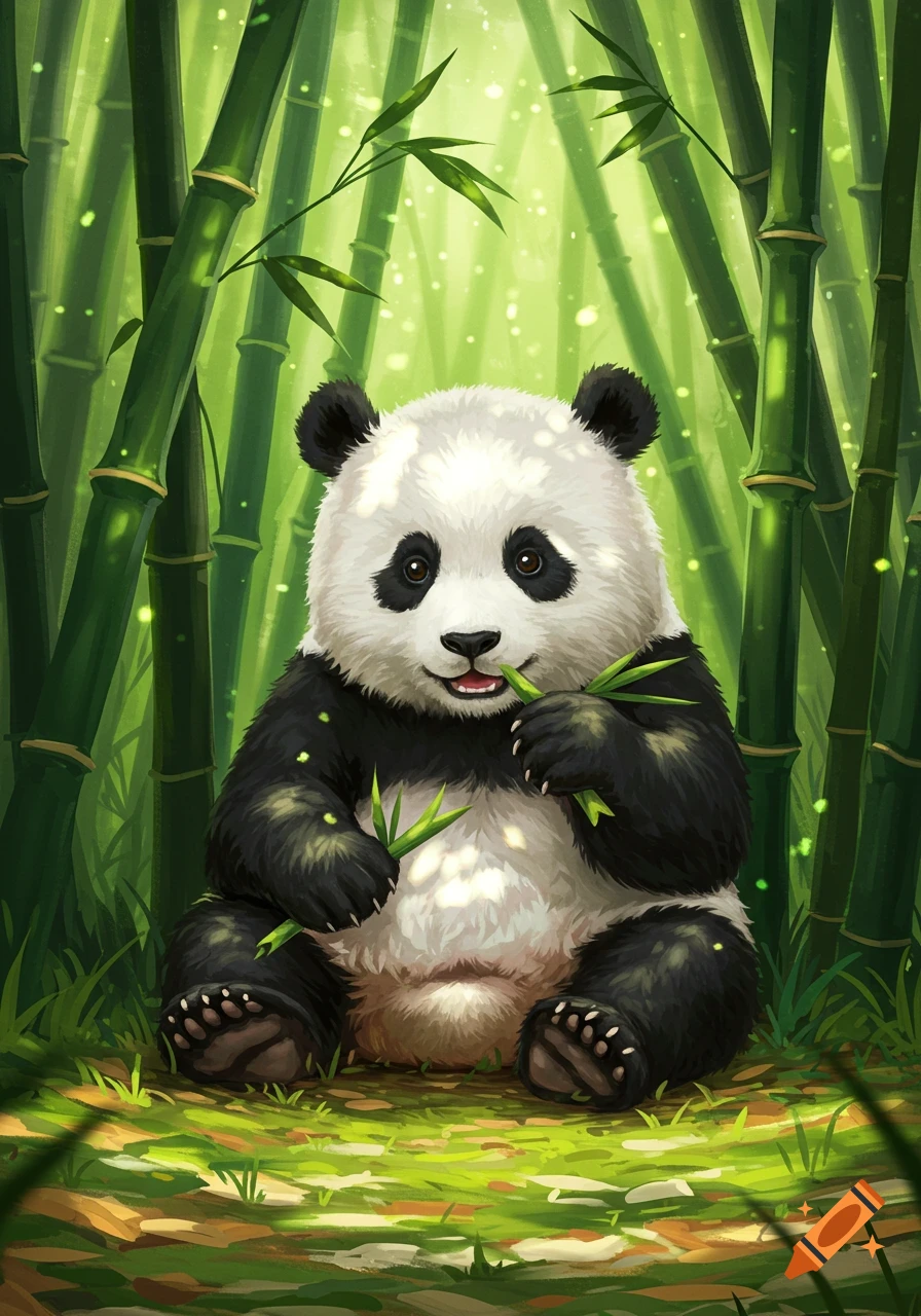 A cute fluffy panda sits eating bamboo in a lush green bamboo forest illustration.