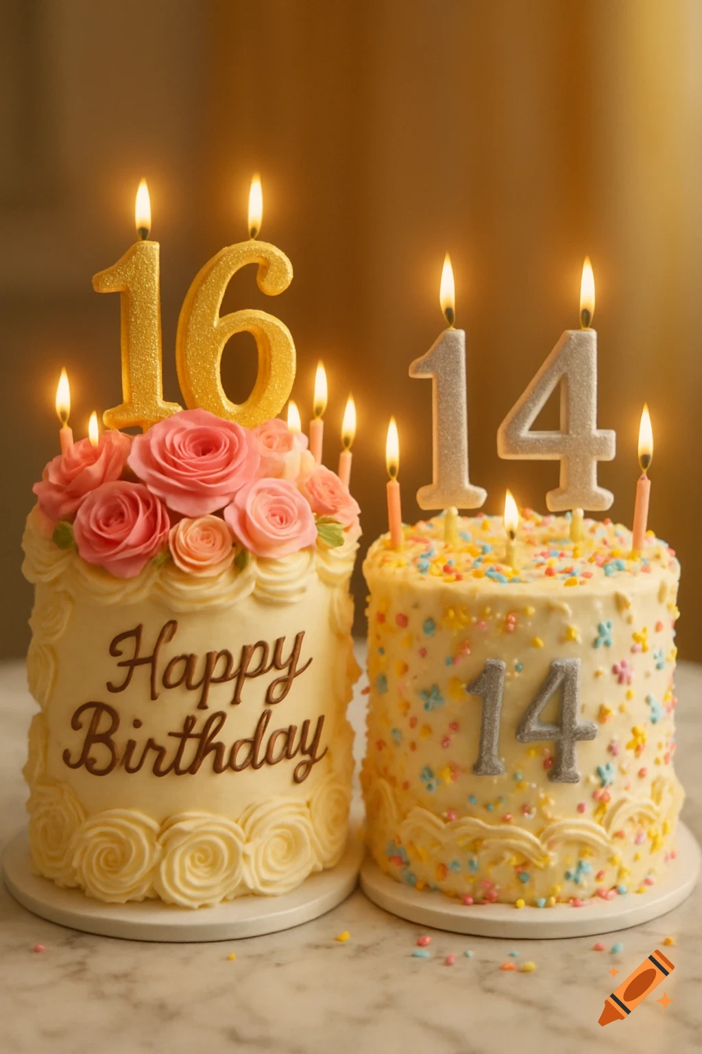 Two photorealistic birthday cakes with lit candles; one has "Happy Birthday" and a "16" candle, the other has sprinkles and a "14" candle.