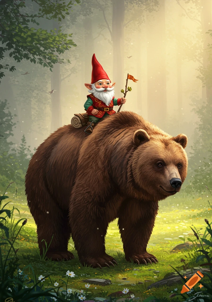 A whimsical illustration of a gnome with a red hat and white beard riding on the back of a large brown bear through a sunny forest.
