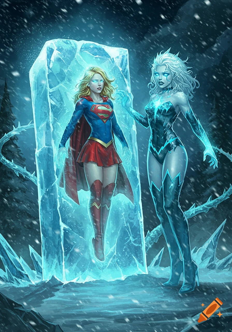 Comic art of Killer Frost standing next to Supergirl, who is encased in a large block of ice in a snowy, icy landscape.