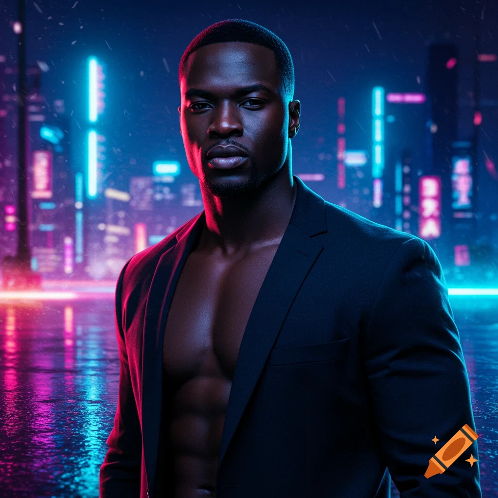 A muscular Black man in an open suit jacket stands against a vibrant neon-lit cityscape at night, with reflections on wet ground.